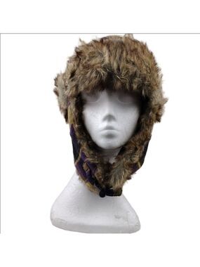 Polar Extreme Headware Purple Plaid Wool Blend Faux Fur Clip Front Trapper Hat